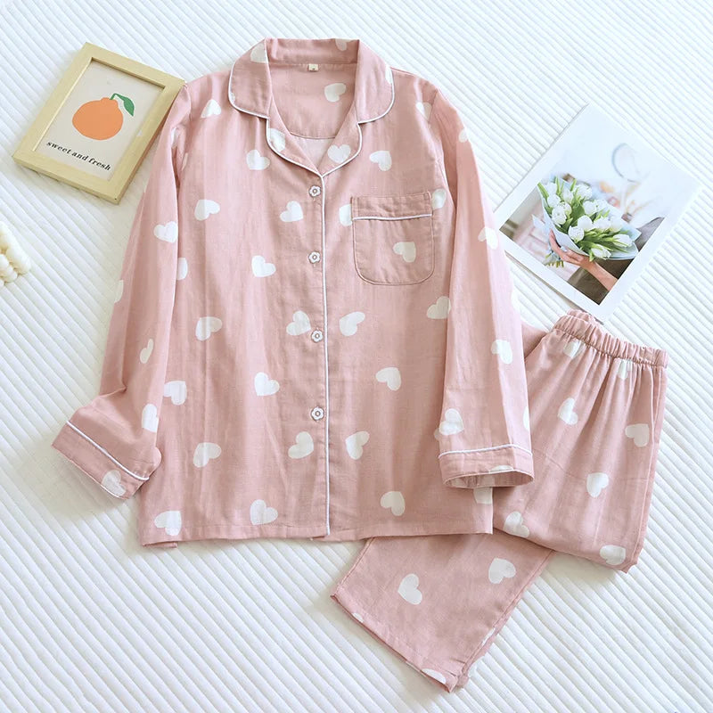 Pyjama femme en coton à grands cœurs