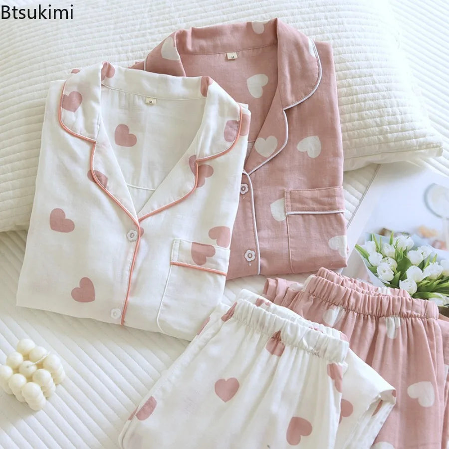 Pyjama femme en coton à cœurs, court ou long