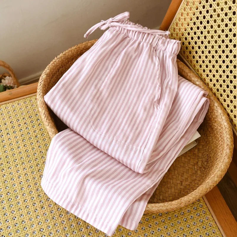 Pantalon de pyjama femme rayé en gaze de coton