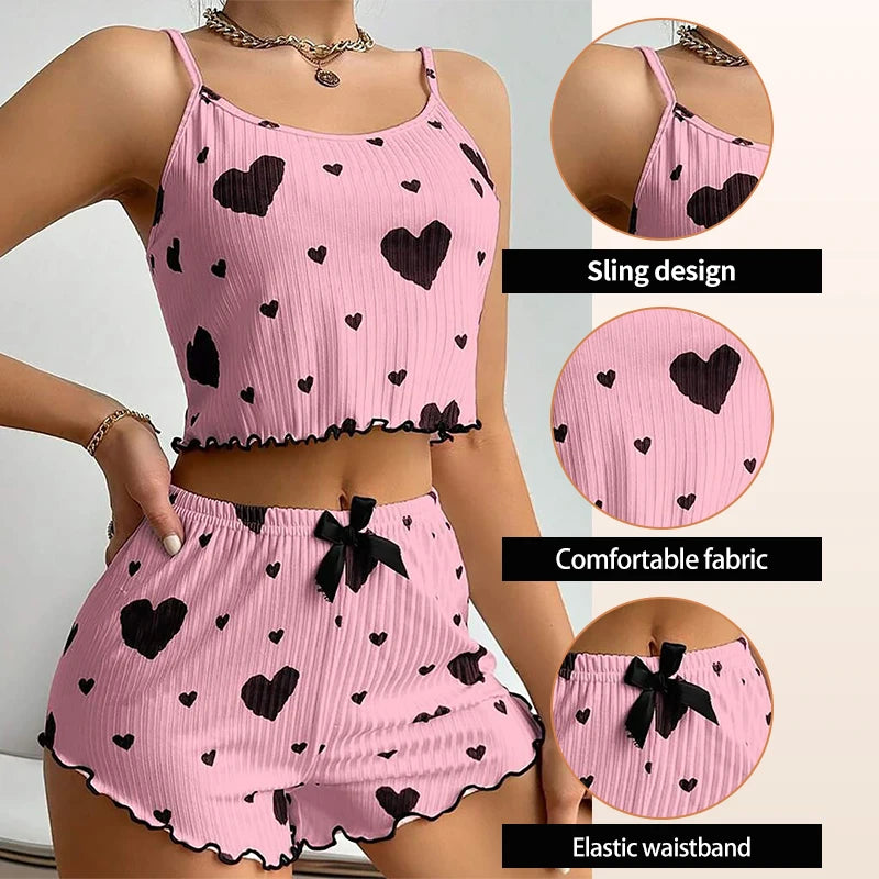 Pyjama short femme côtelé à imprimé cœur