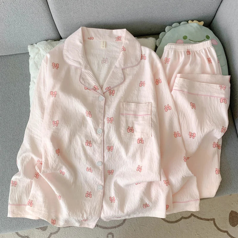Ensemble pyjama femme rose à petits nœuds