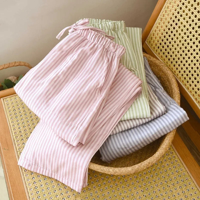 Pantalon de pyjama femme rayé en gaze de coton