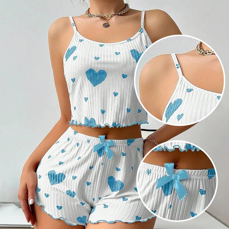 Pyjama short femme côtelé à imprimé cœur