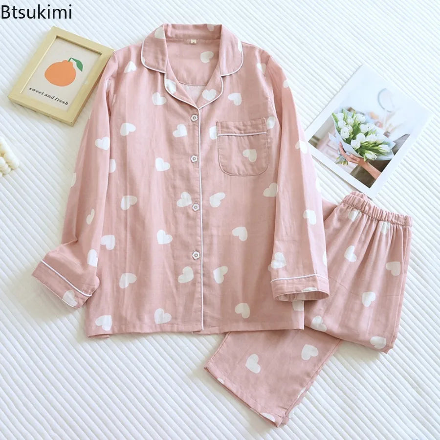 Pyjama femme en coton à cœurs, court ou long