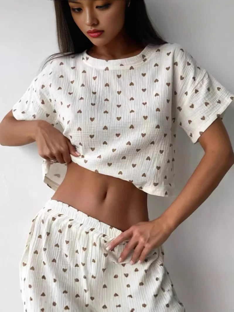 Ensemble pyjama femme en coton à petits cœurs