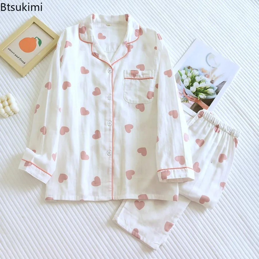 Pyjama femme en coton à cœurs, court ou long