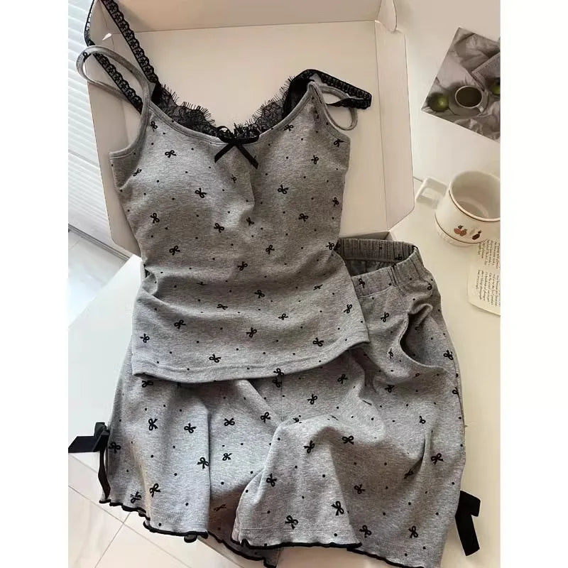 Pyjama femme gris à nœuds avec caraco et short