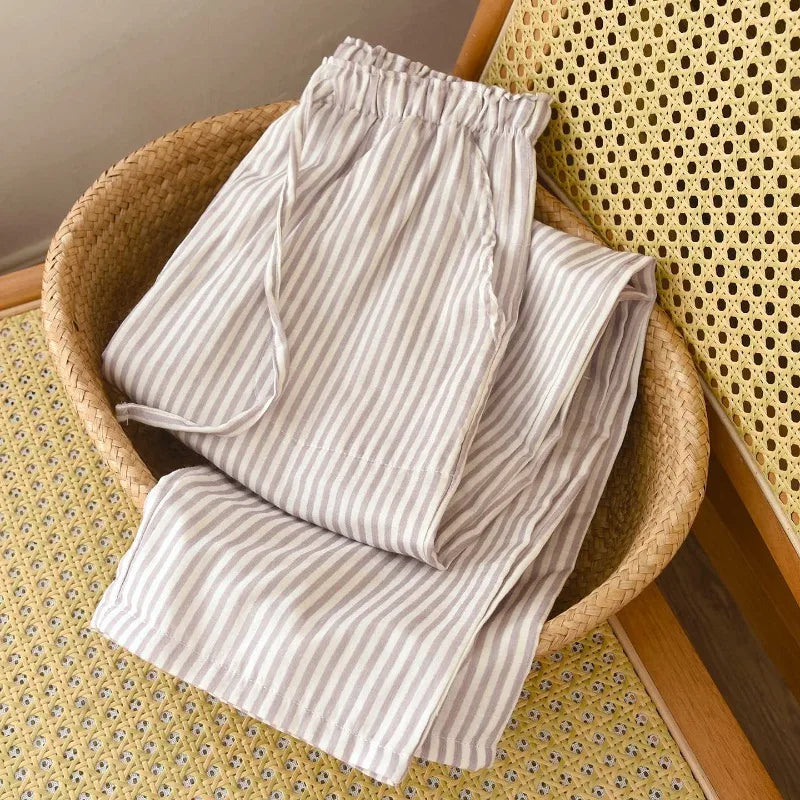 Pantalon de pyjama femme rayé en gaze de coton