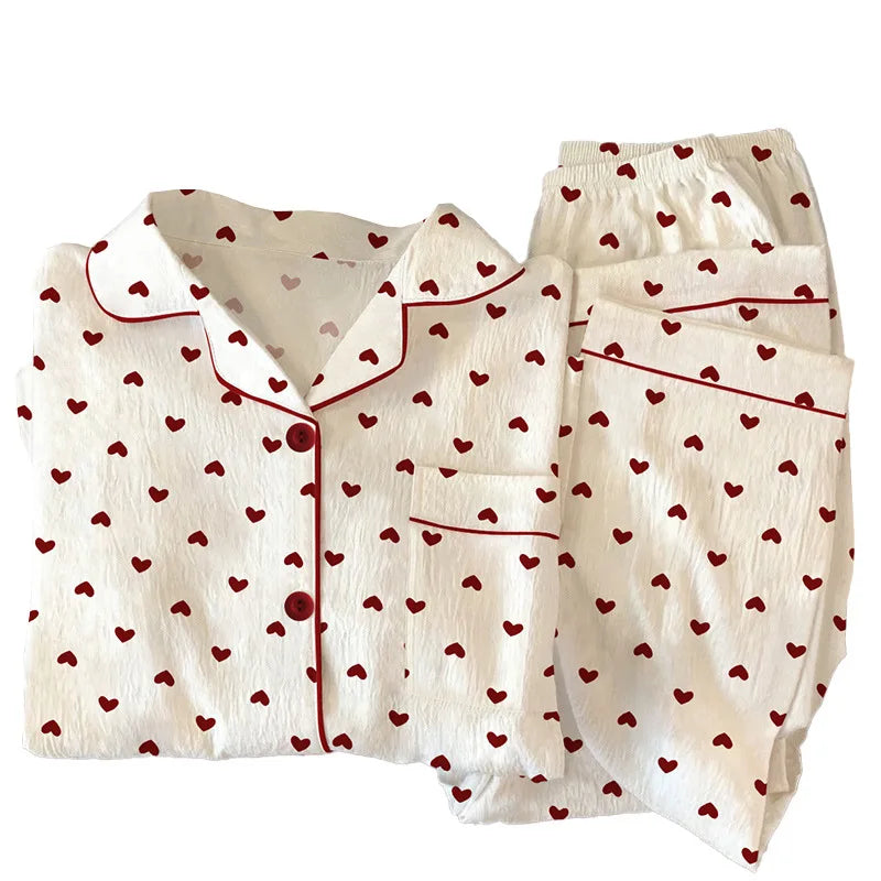 Pyjama femme blanc à petits cœurs rouges