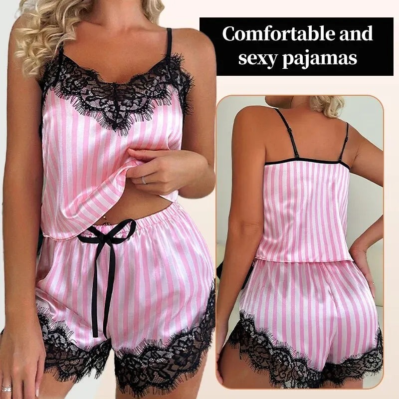 Ensemble pyjama femme rayé rose avec dentelle