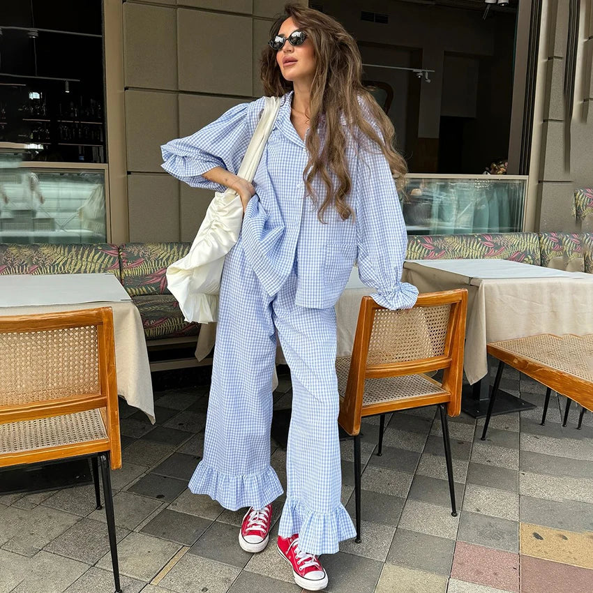 Ensemble pyjama femme vichy bleu à volants