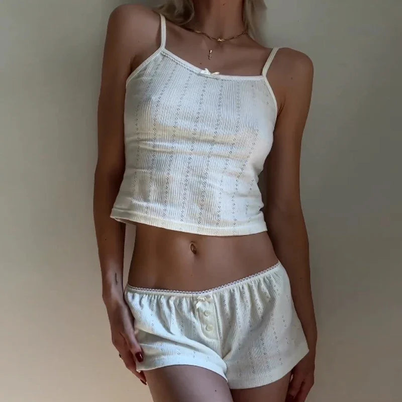 Pyjama femme côtelé avec caraco et short en coton