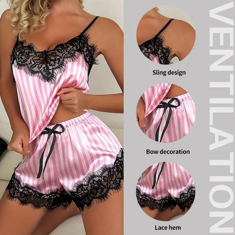 Ensemble pyjama femme rayé rose avec dentelle