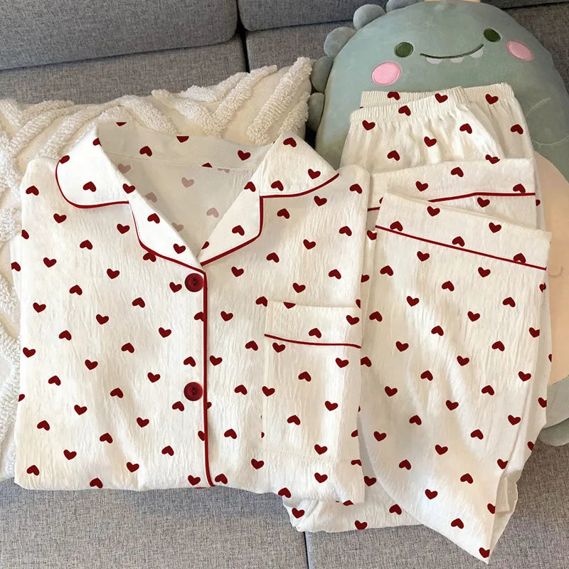 Pyjama femme blanc à petits cœurs rouges
