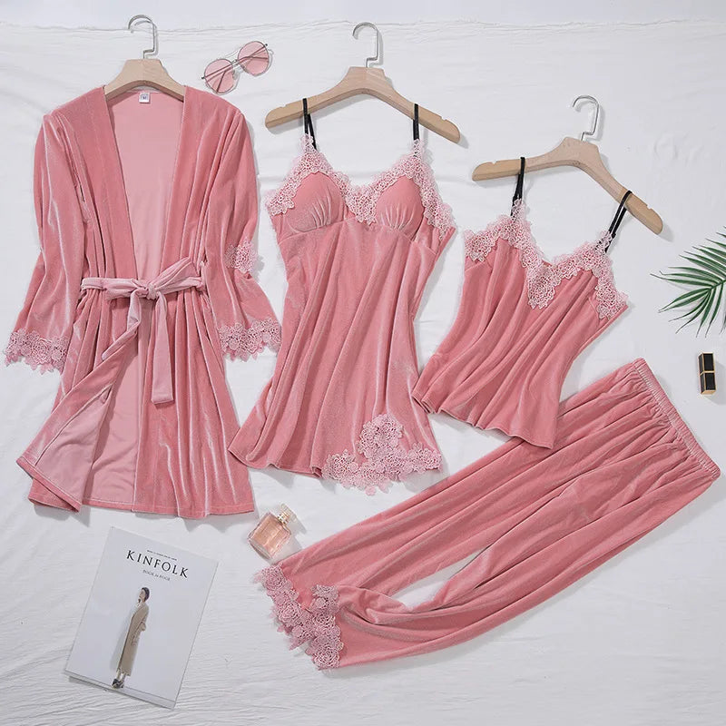 Ensemble nuit femme 4 pièces en velours et dentelle