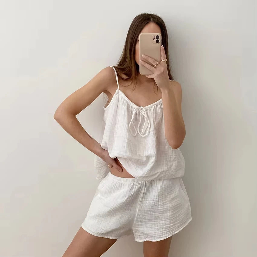 Pyjama short femme en coton gaufré