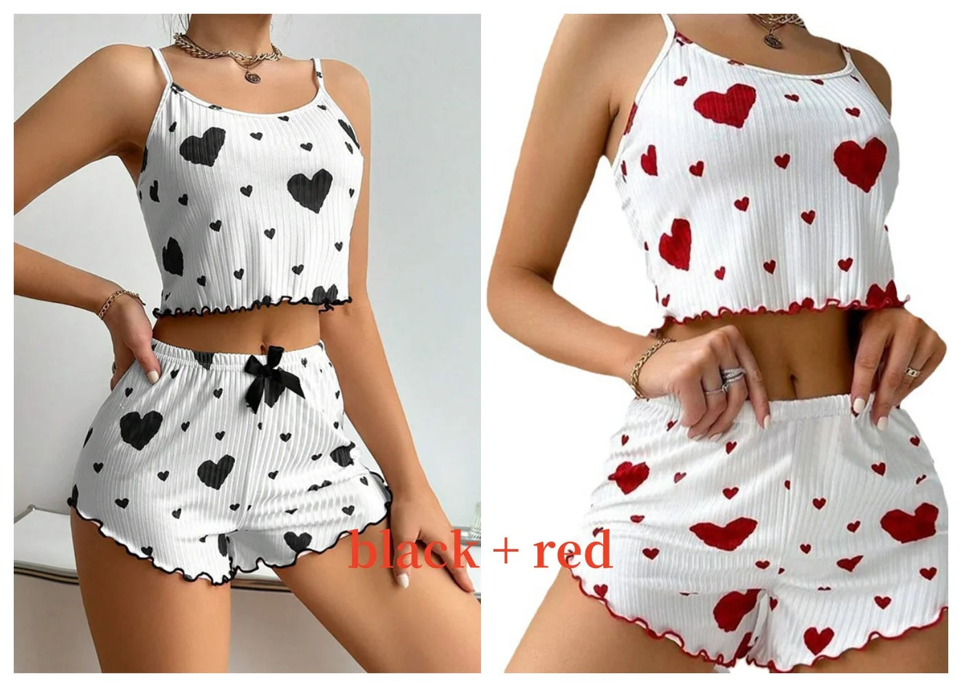 Pyjama short femme côtelé à imprimé cœur