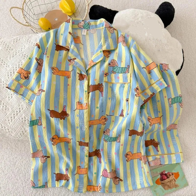 Pyjama femme rayé bleu et jaune à imprimé chien