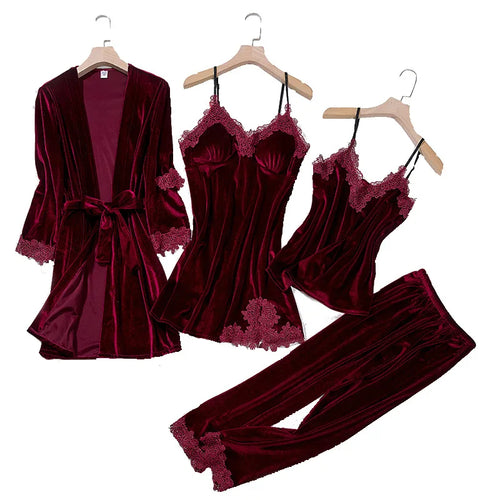 Ensemble nuit femme 4 pièces en velours et dentelle