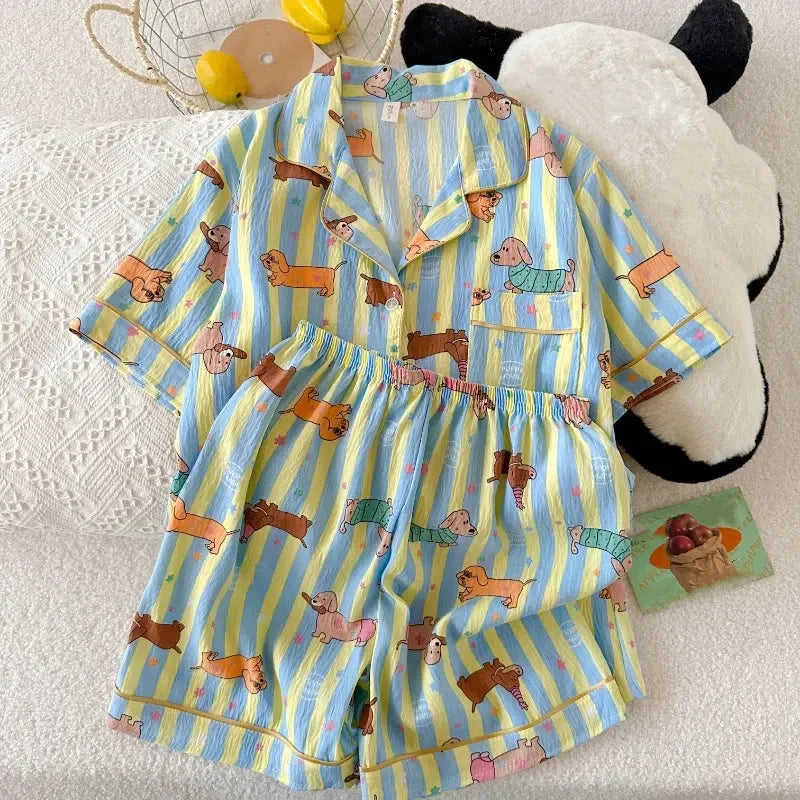 Pyjama femme rayé bleu et jaune à imprimé chien