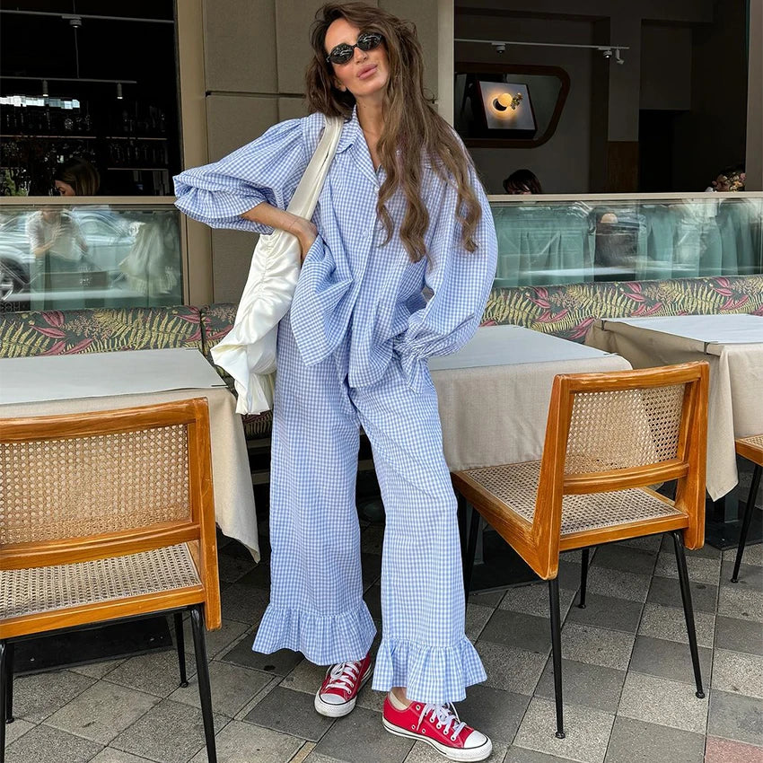 Ensemble pyjama femme vichy bleu à volants