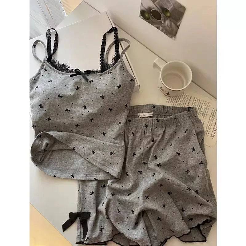 Pyjama femme gris à nœuds avec caraco et short