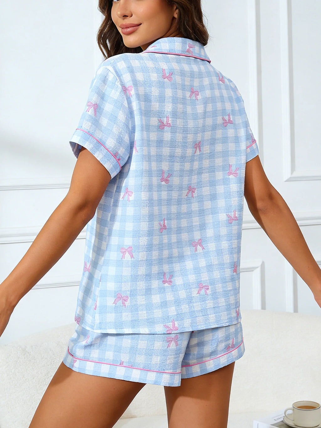 Ensemble pyjama femme vichy bleu à nœuds roses