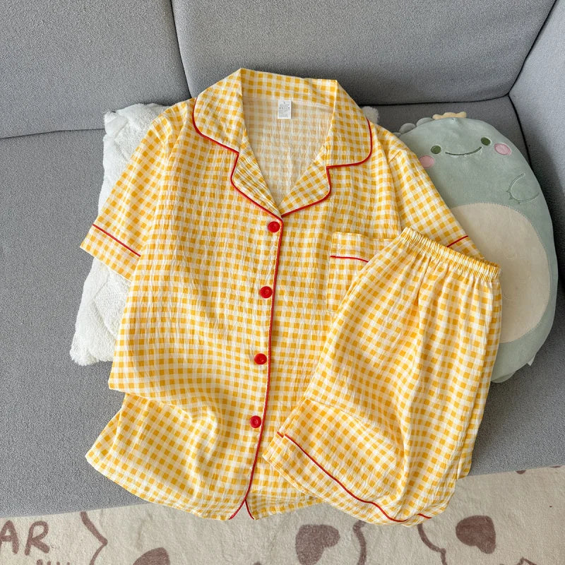 Pyjama short femme vichy jaune à finitions rouges