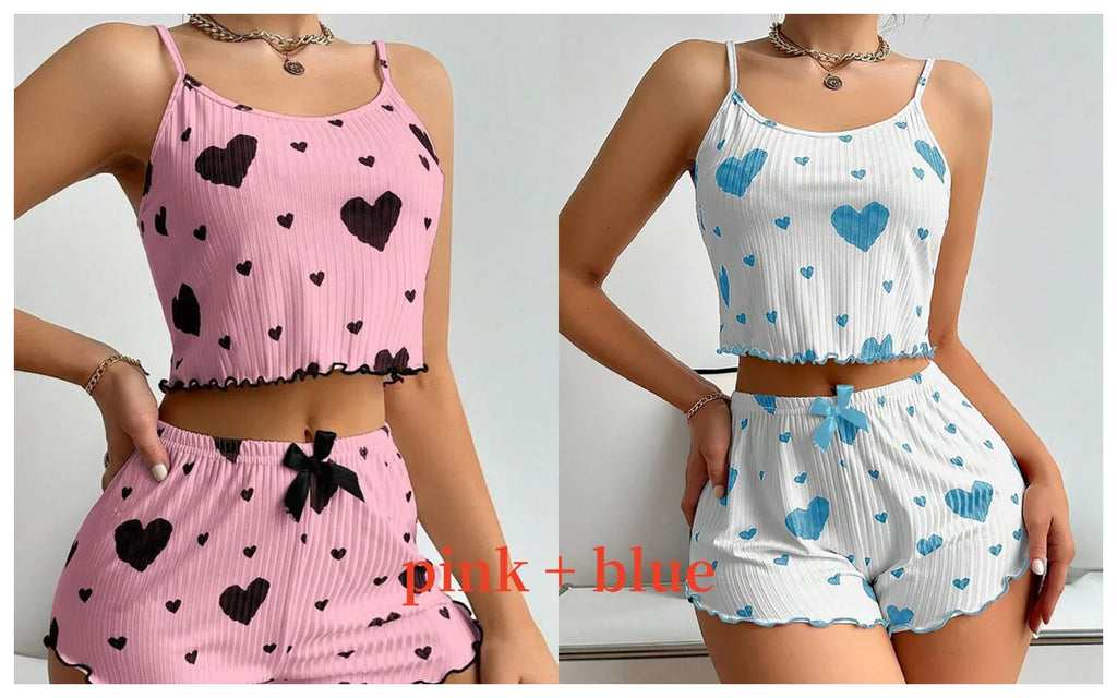 Pyjama short femme côtelé à imprimé cœur