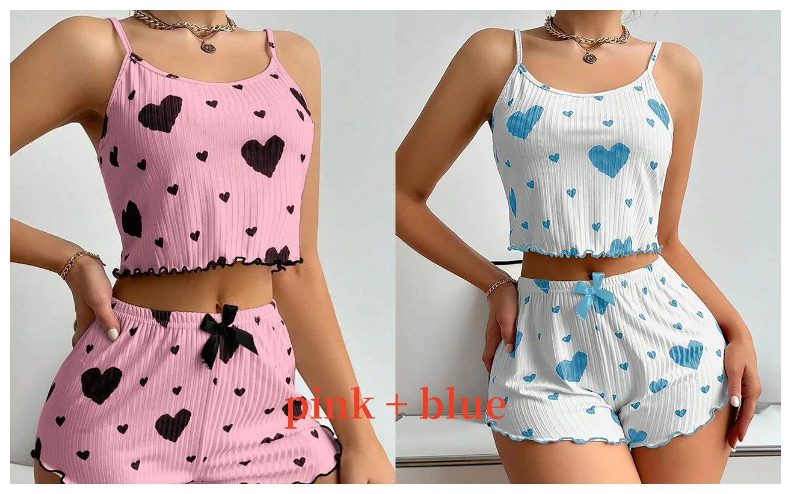 Pyjama short femme côtelé à imprimé cœur