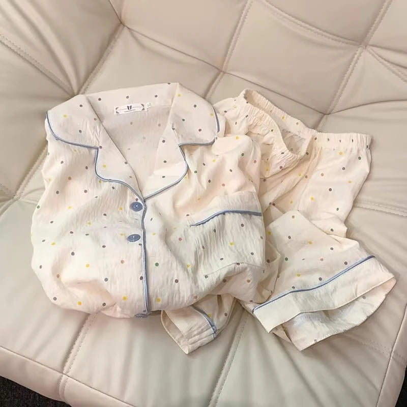 Pyjama femme blanc en coton à pois multicolores