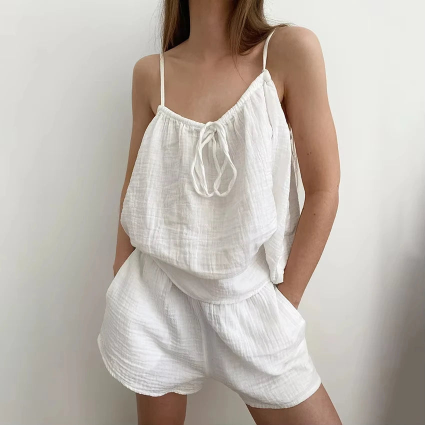 Pyjama short femme en coton gaufré