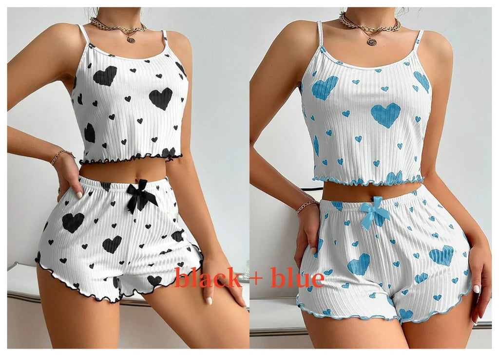 Pyjama short femme côtelé à imprimé cœur