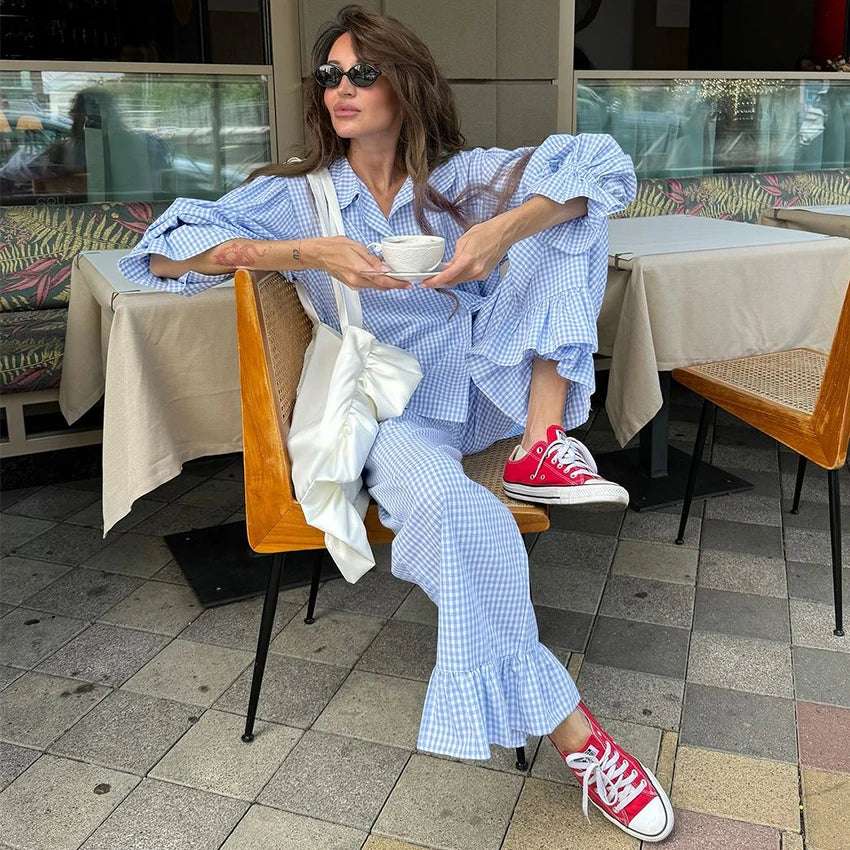 Ensemble pyjama femme vichy bleu à volants