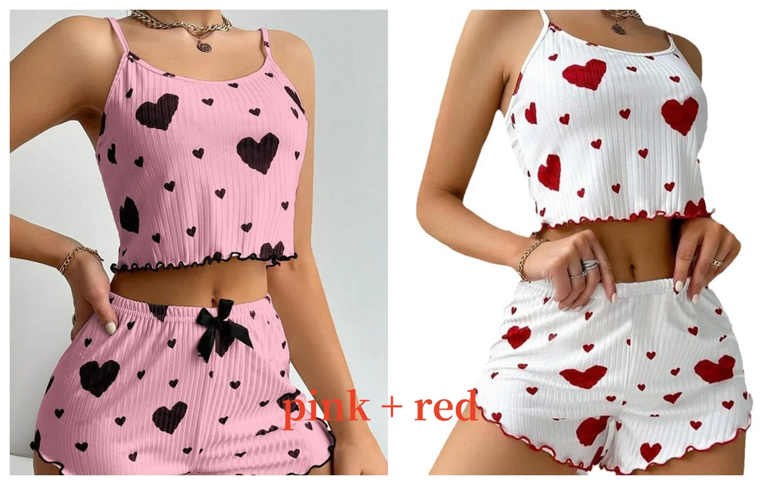 Pyjama short femme côtelé à imprimé cœur