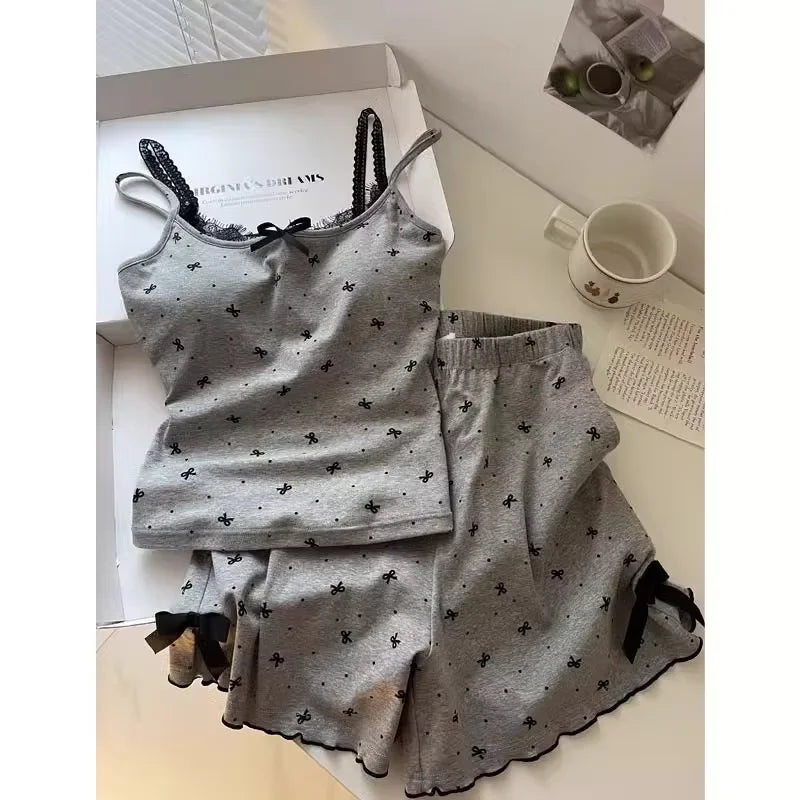 Pyjama femme gris à nœuds avec caraco et short