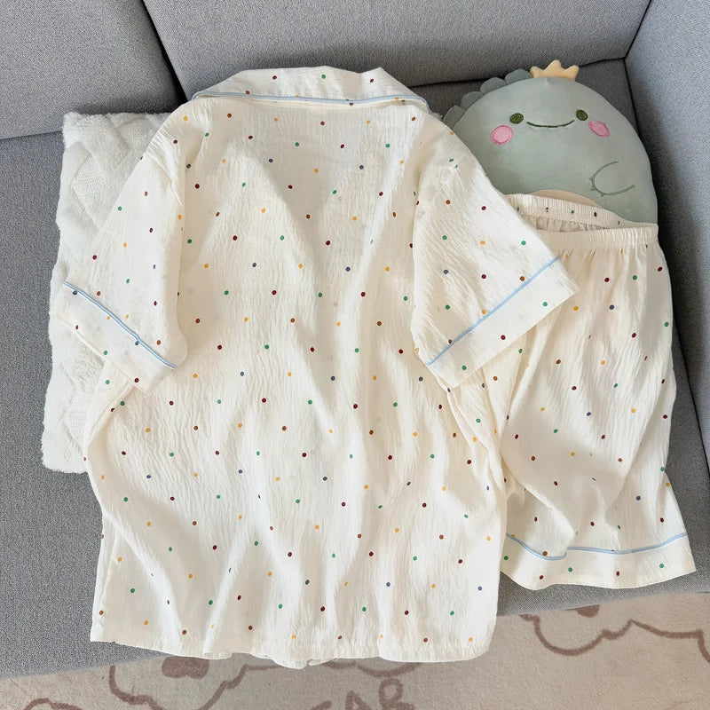Pyjama femme en coton bleu à pois avec short