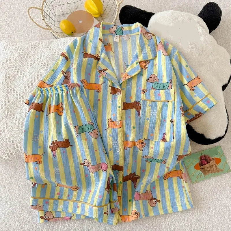 Pyjama femme rayé bleu et jaune à imprimé chien