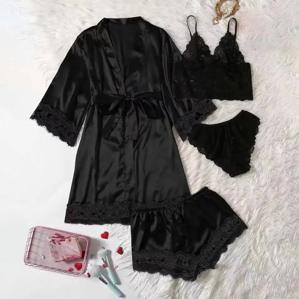 Ensemble pyjama femme satiné 4 pièces avec dentelle