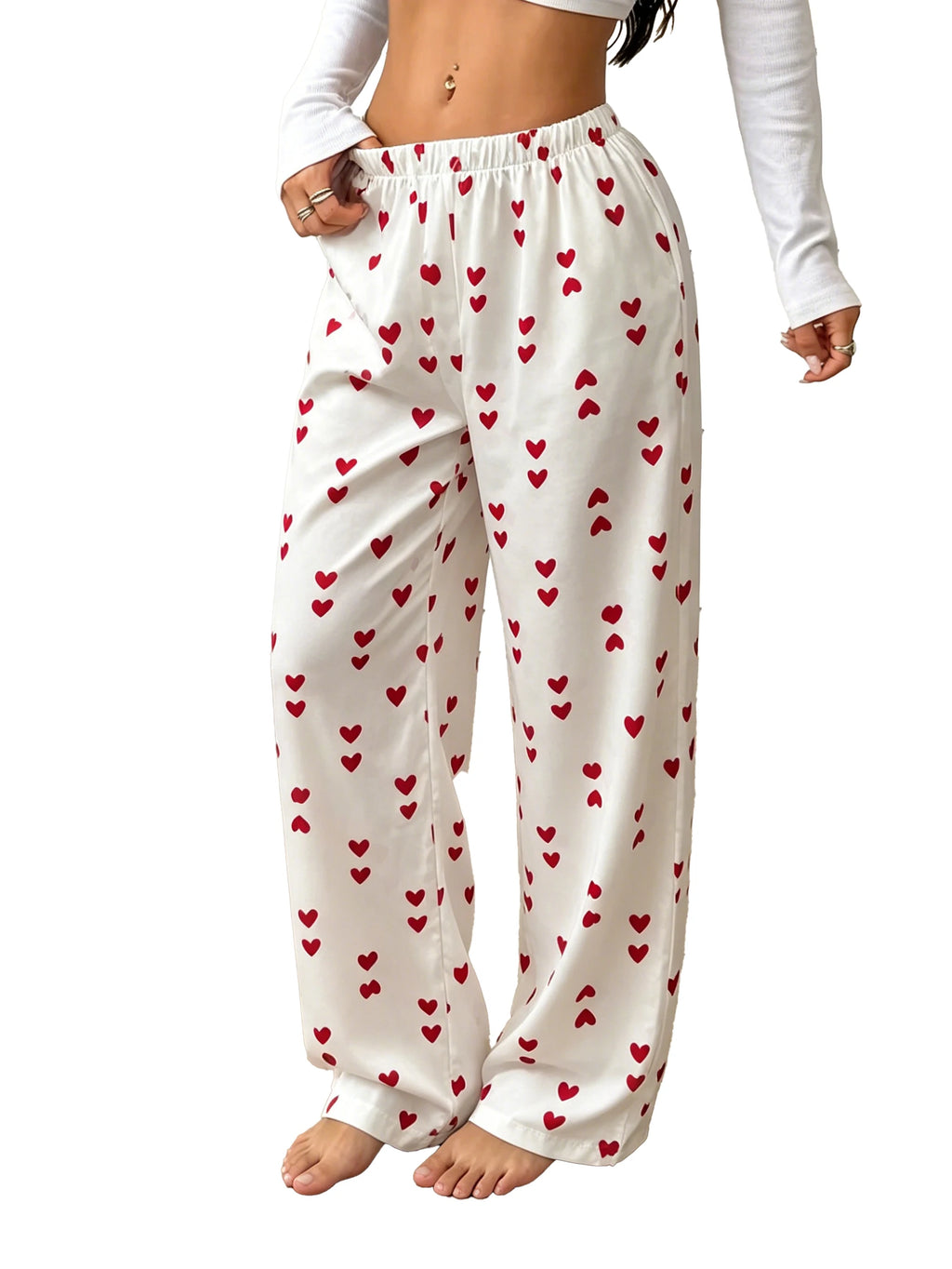 Pantalon de pyjama femme satiné à cœurs rouges