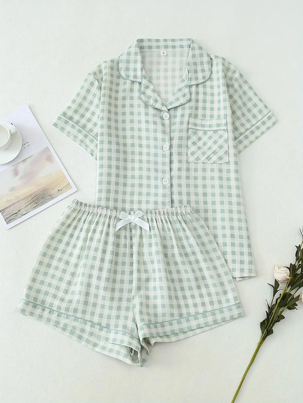 Ensemble pyjama femme vichy vert avec chemise et short