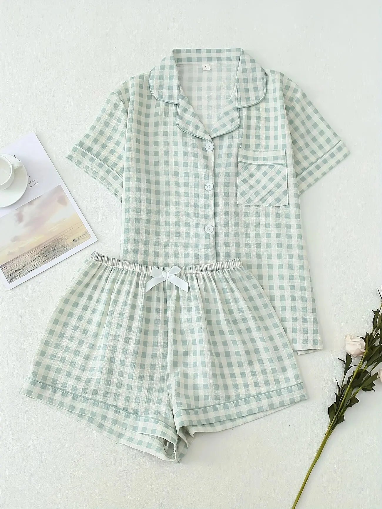 Ensemble pyjama femme vichy vert avec chemise et short