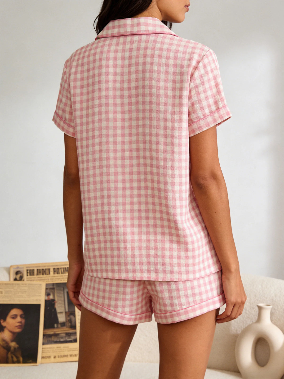 Ensemble pyjama femme vichy rose avec chemise et short