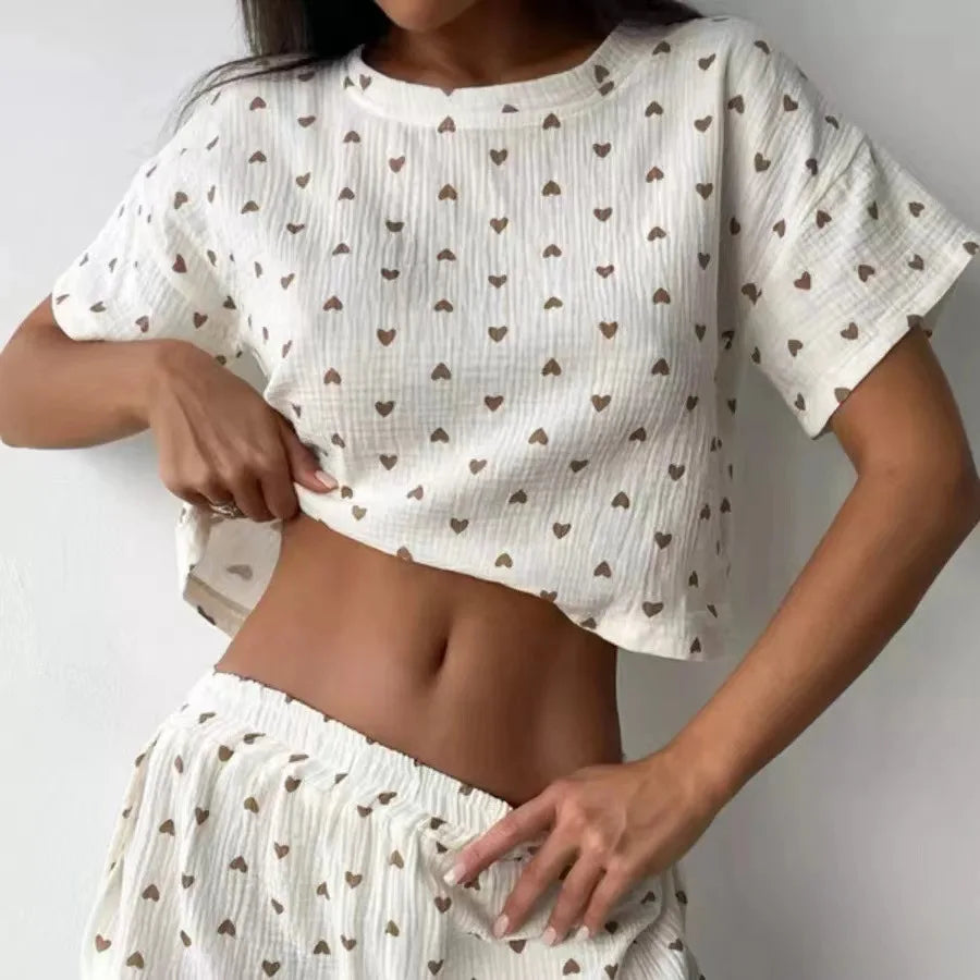 Ensemble pyjama femme en coton à petits cœurs