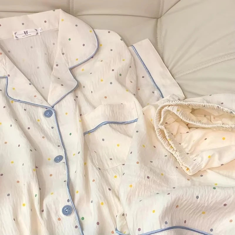 Pyjama femme blanc en coton à pois multicolores
