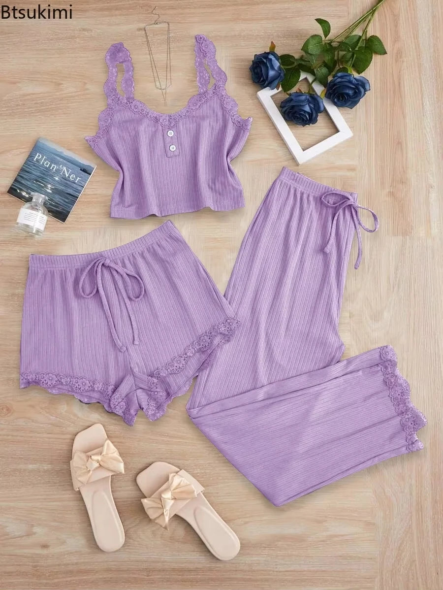 Ensemble pyjama femme 3 pièces avec dentelle