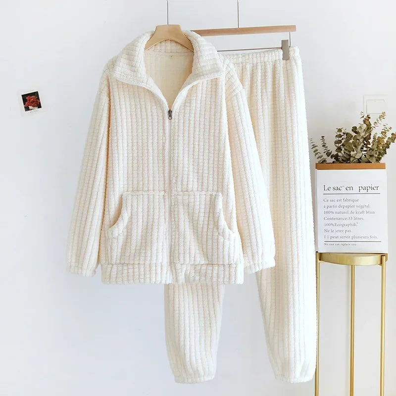Ensemble pyjama femme épais en flanelle veste zippée