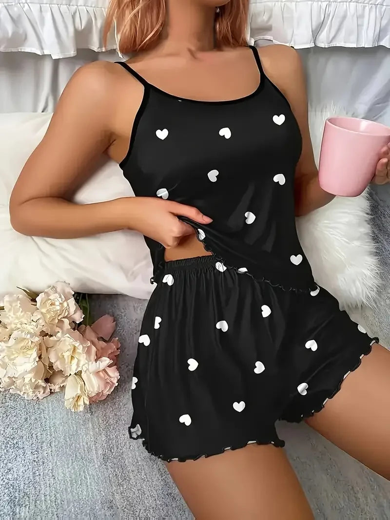 Pyjama femme noir à petits cœurs avec short