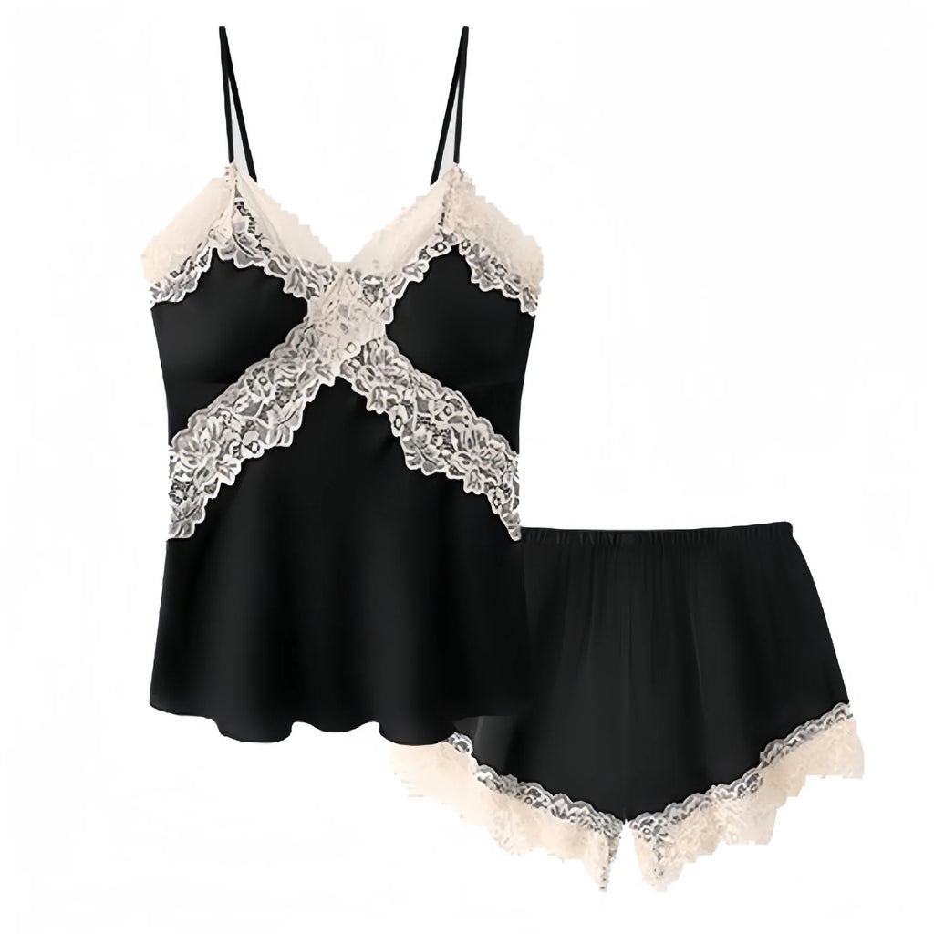 Pyjama femme satiné à dentelle croisée