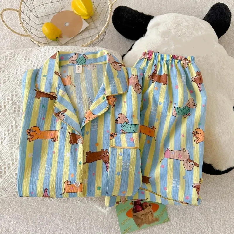 Pyjama femme rayé bleu et jaune à imprimé chien
